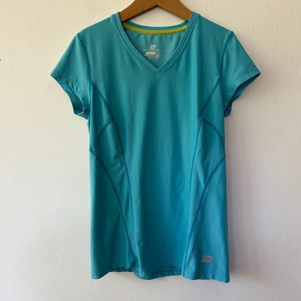 Road‎ Runner Running T-shirt Womens Small Blue V-neck Zip Pocket Quick Dry